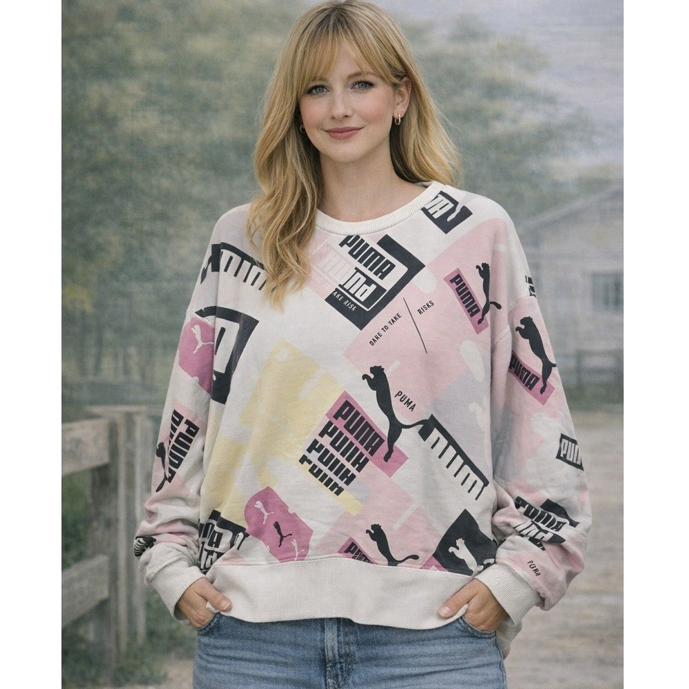 Puma Womens L Brand Love AOP Crew Sweatshirt White Pink Oversized Abstract